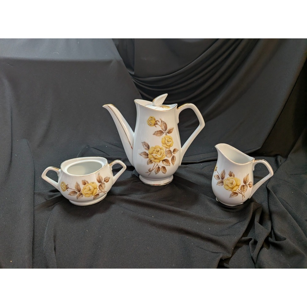 Vintage Porcelain Tea Set – Yellow Floral – Teapot, Creamer, Sugar Bowl (No Lid)